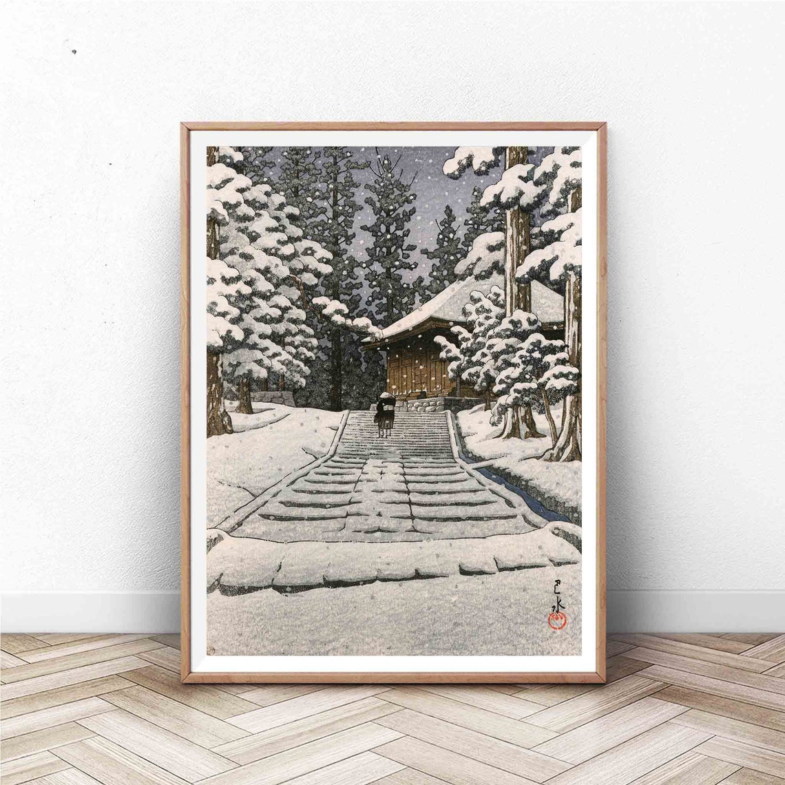 Kawase Hasui Snowy Temple Stairway Japanese Woodblock Winter Poster