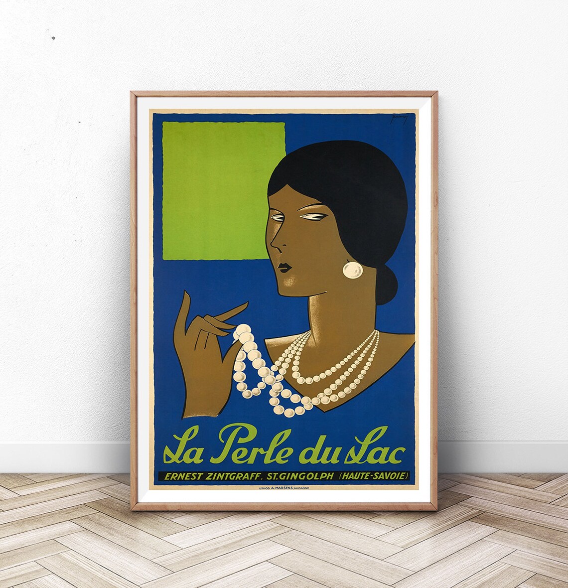 La Perle Du Lac Art Deco Pearl Necklace Jewelry Vintage French Poster