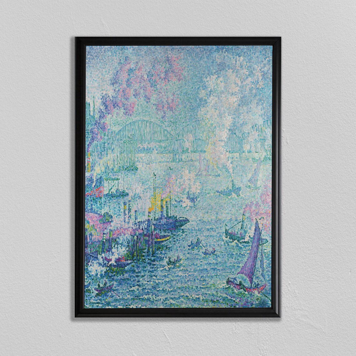 Pointillist Harbor Boats Blue Seascape Impressionist Style Art Poster - Image 2
