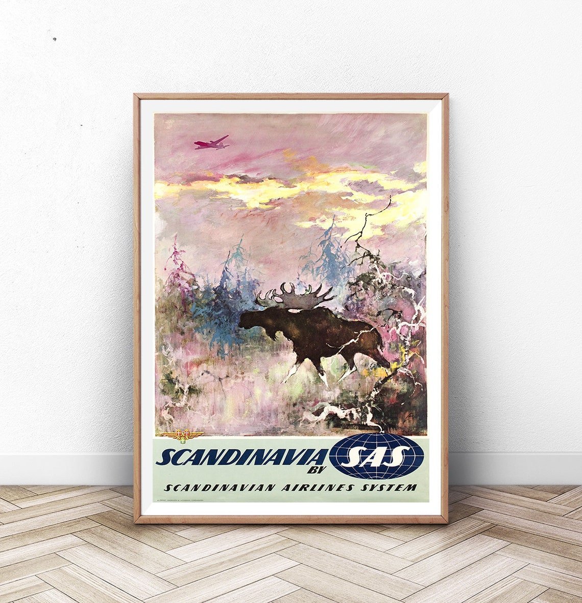 SAS Scandinavia Airlines Vintage Travel Poster Moose in Forest