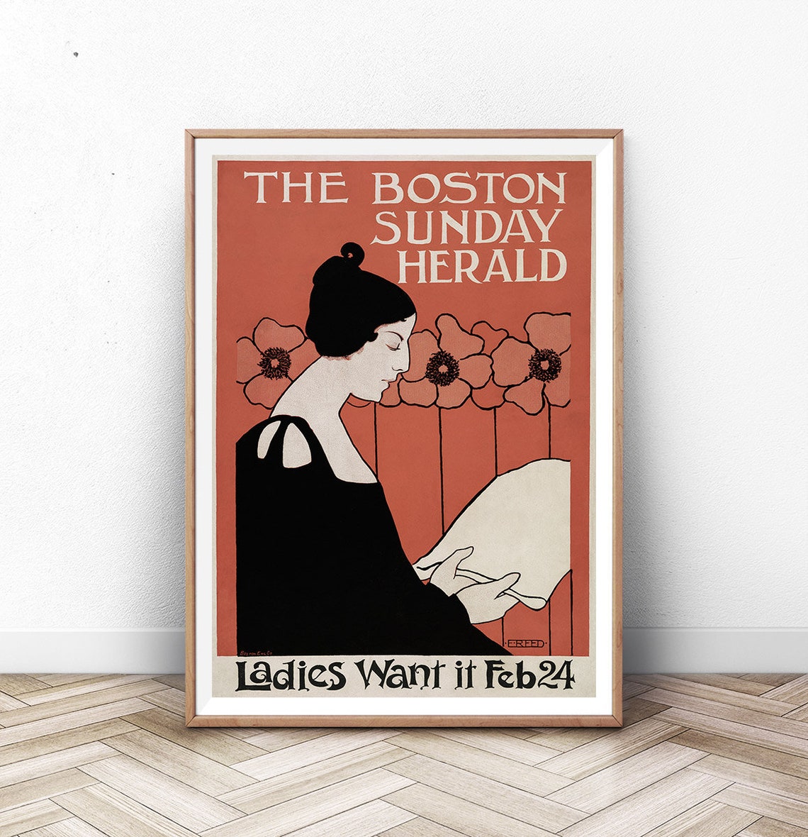The Boston Sunday Herald Art Nouveau Reading Woman Ad Poster