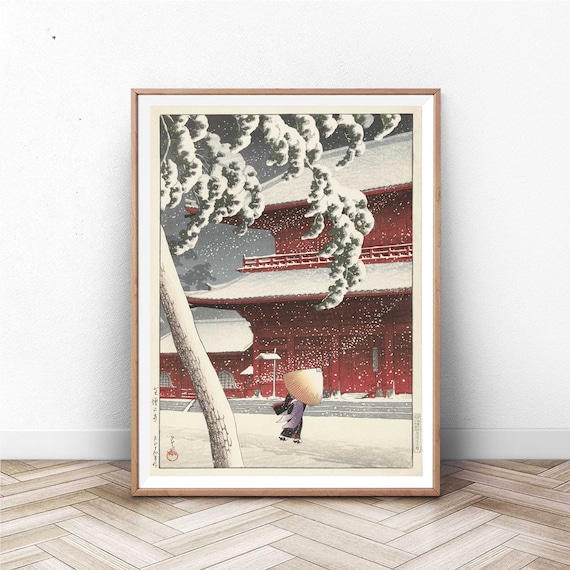 Hasui Snowy Zojoji Temple Night Japanese Woodblock Poster Decor