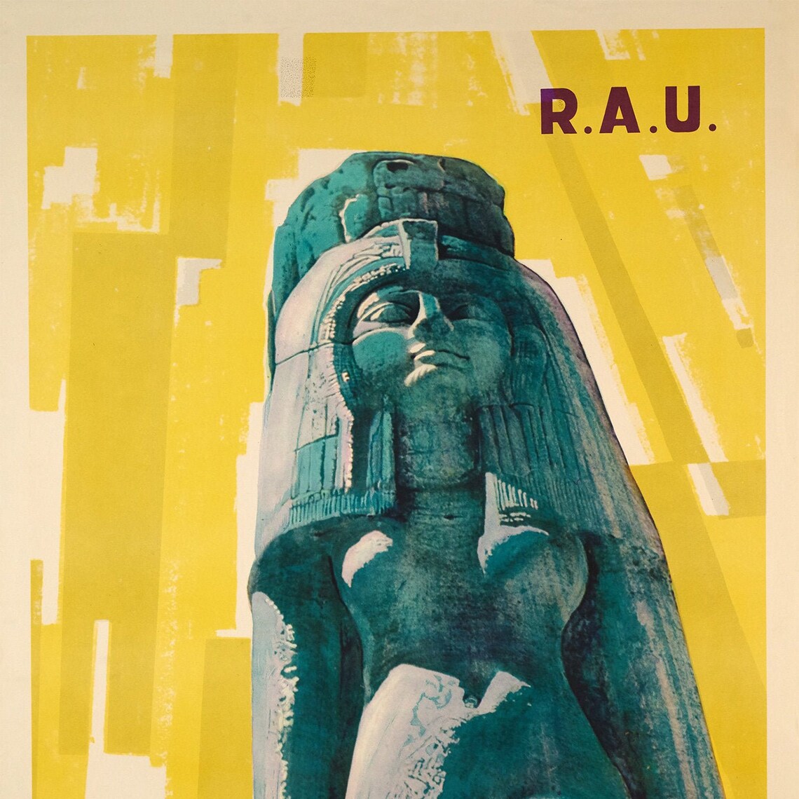 Egypte R.A.U. Pharaoh Statue Yellow Vintage Egypt Travel Poster - Image 2