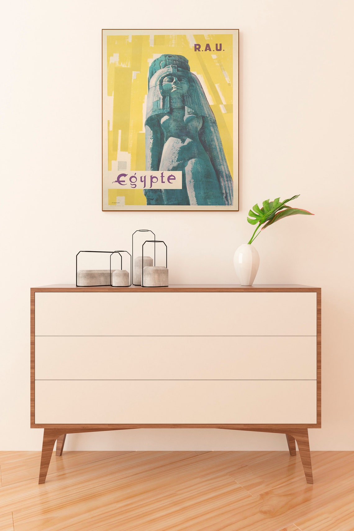 Egypte R.A.U. Pharaoh Statue Yellow Vintage Egypt Travel Poster - Image 3