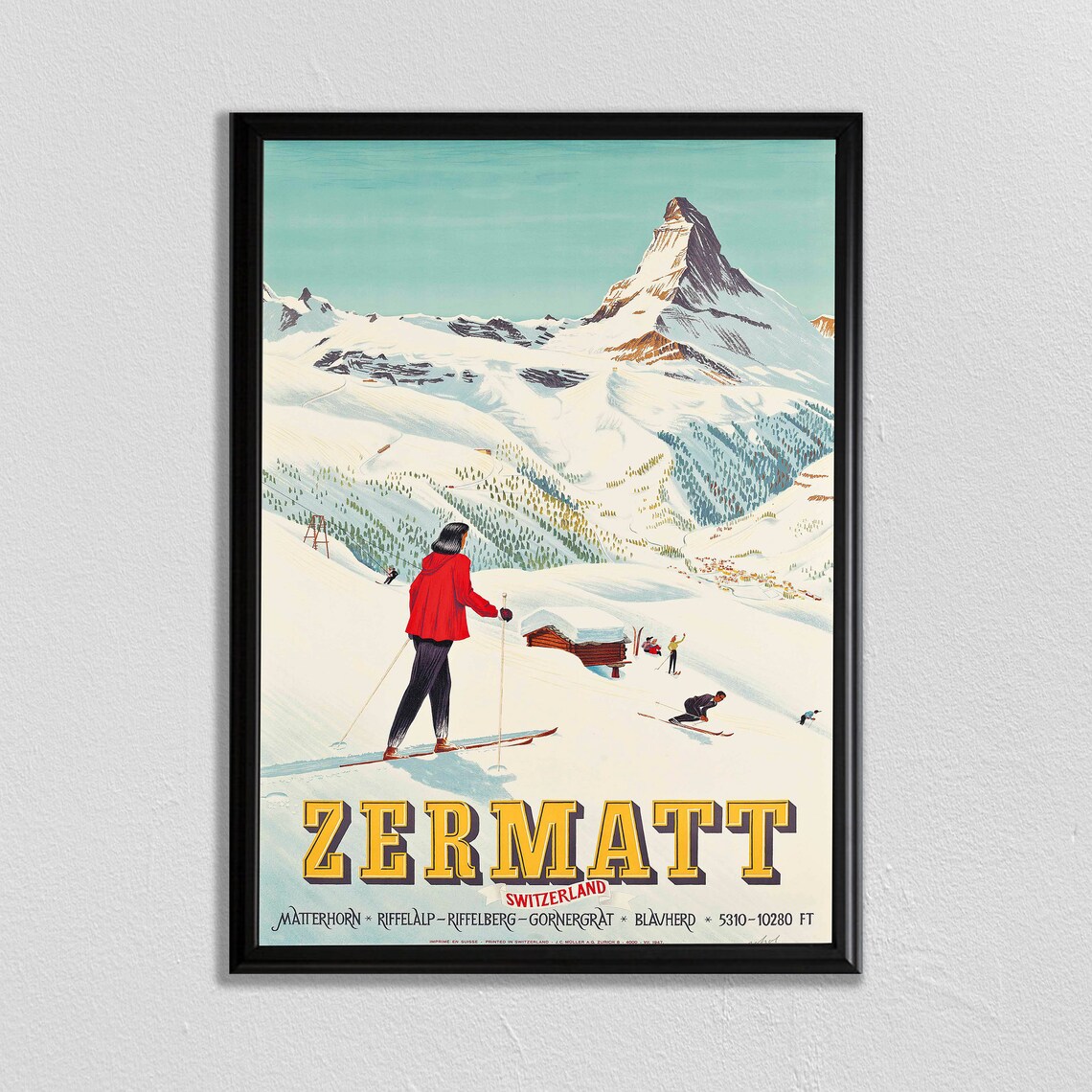 Zermatt Switzerland Matterhorn Skier Vintage Ski Travel Poster