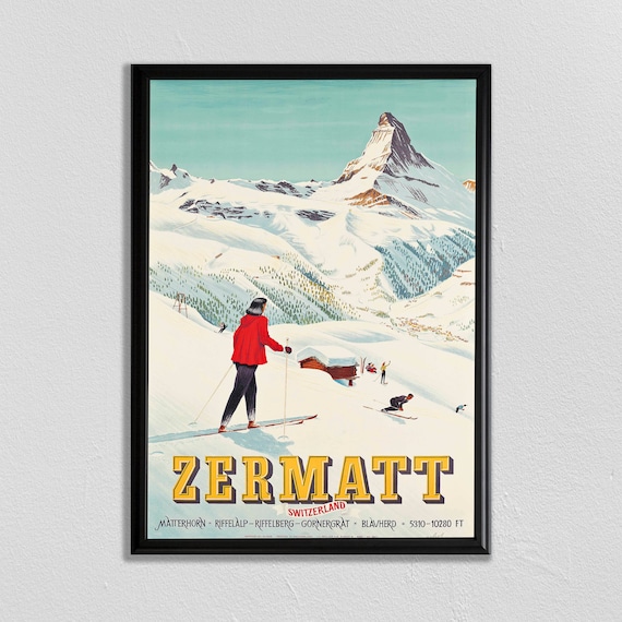 Skiing Poster Swiss Travel Art Swiss Ski Poster Sports Retro Decor Mountain Art Suisse Europe European Travel Zermatt Skiing Poster