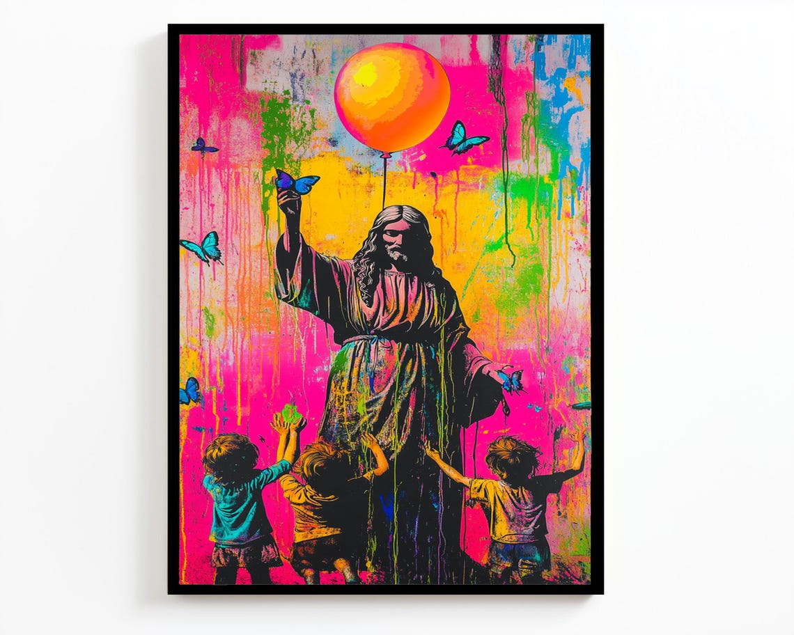 Jesus Lifting Balloon Children Reaching Neon Paint Drip Wall Art - Image 2