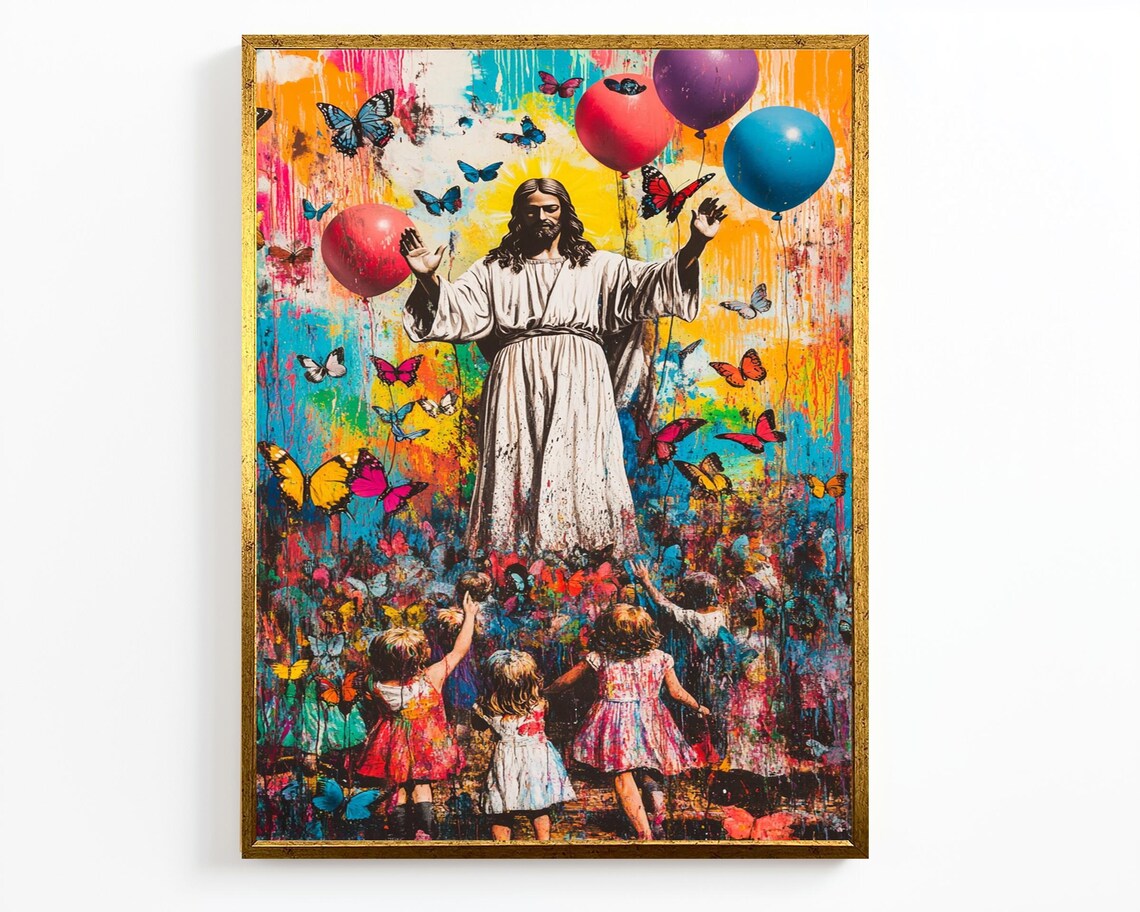 Jesus With Children Balloons Butterflies Colorful Splash Christian Art Poster - Image 2