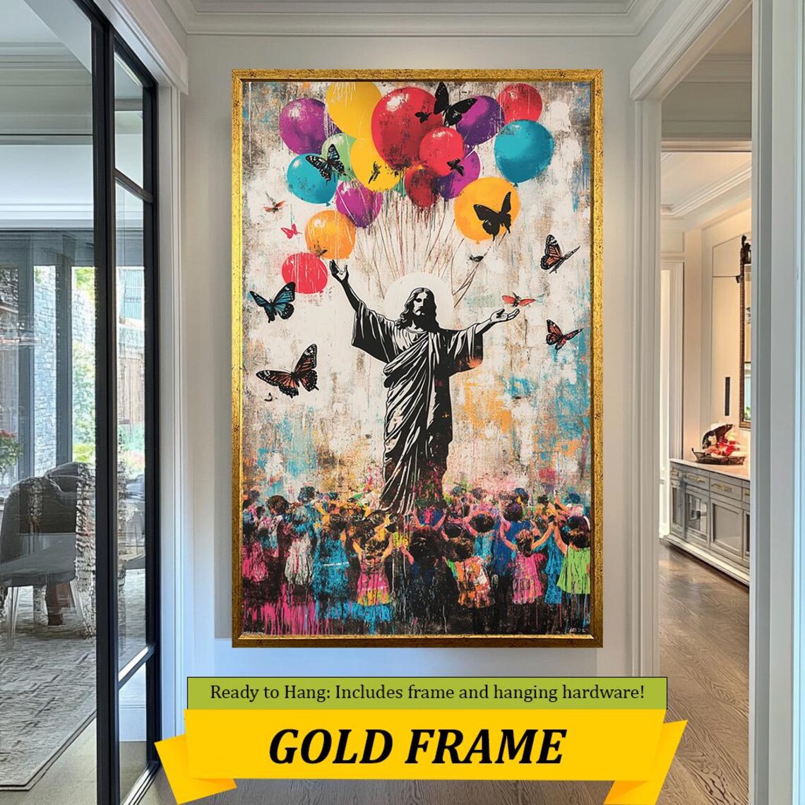 Jesus Arms Outstretched Crowd Balloons Butterflies Festive Street Art Poster - Image 3