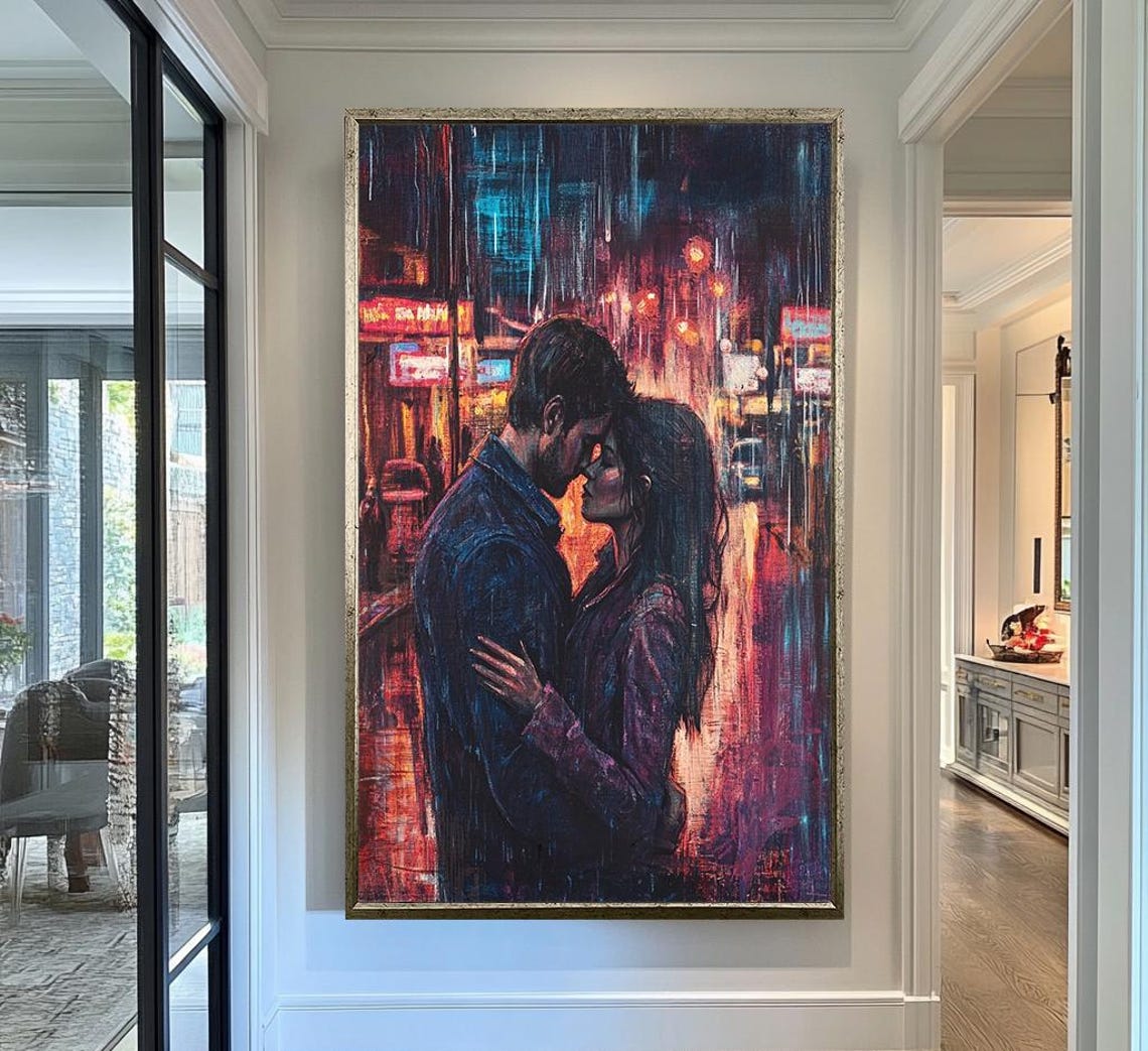Romantic Couple Kissing In Neon Rain City Night Lights Wall Art