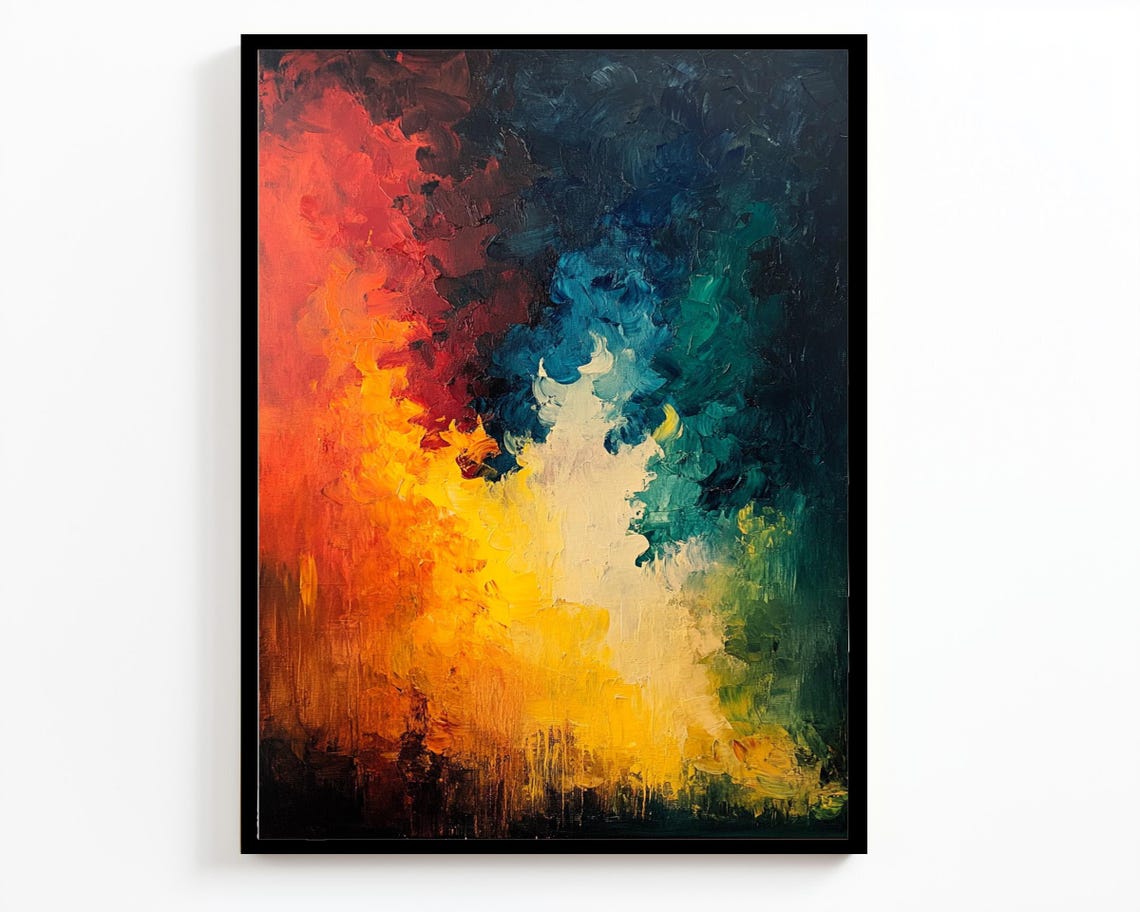Colorful Abstract Fire And Water Red Teal Split Canvas Painting Art - Image 2