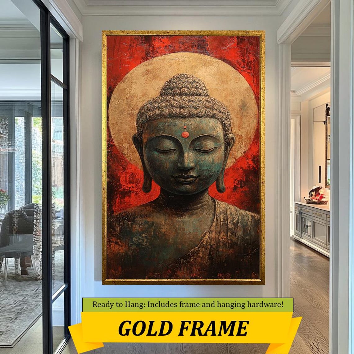 Buddha Head Golden Halo Red Background Bronze Texture Zen Wall Poster - Image 3