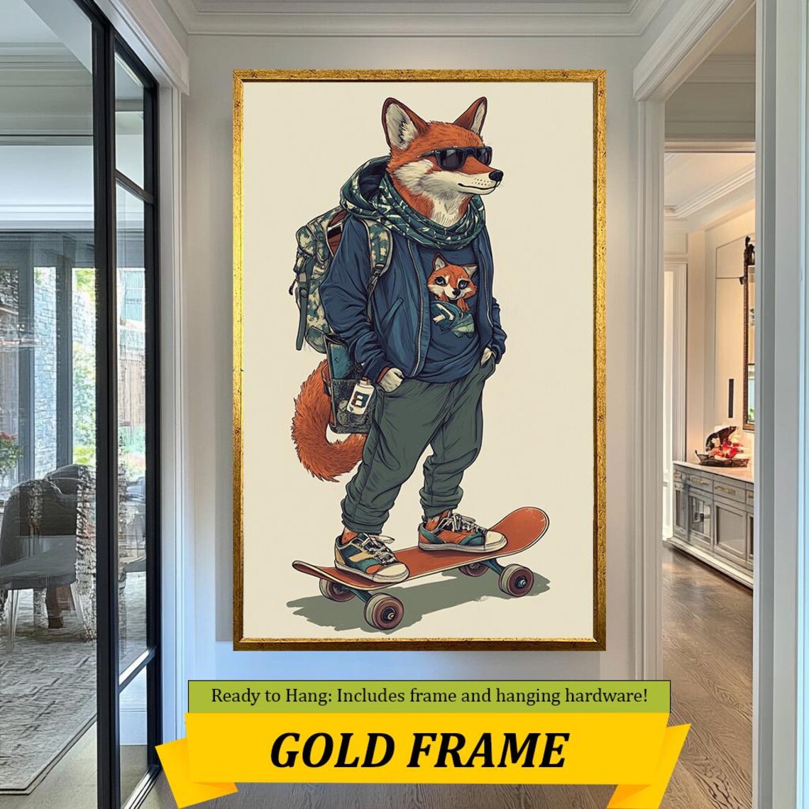 Skater Fox Hipster Cartoon Sunglasses Hoodie Cool Trendy Wall Art Poster - Image 3