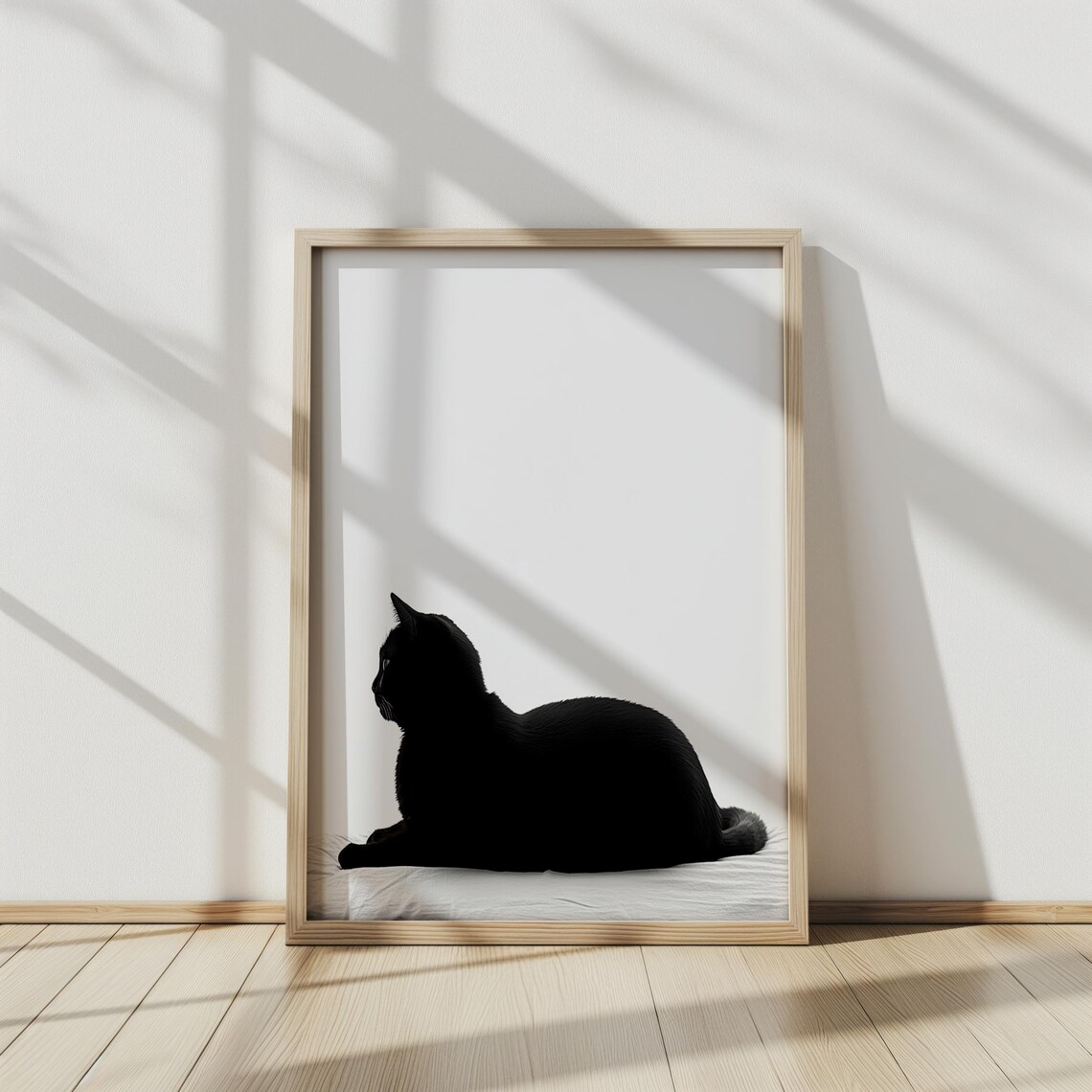 Black Cat Silhouette Minimalist Sunlit Windowsill Modern Cat Wall Art Print - Image 2