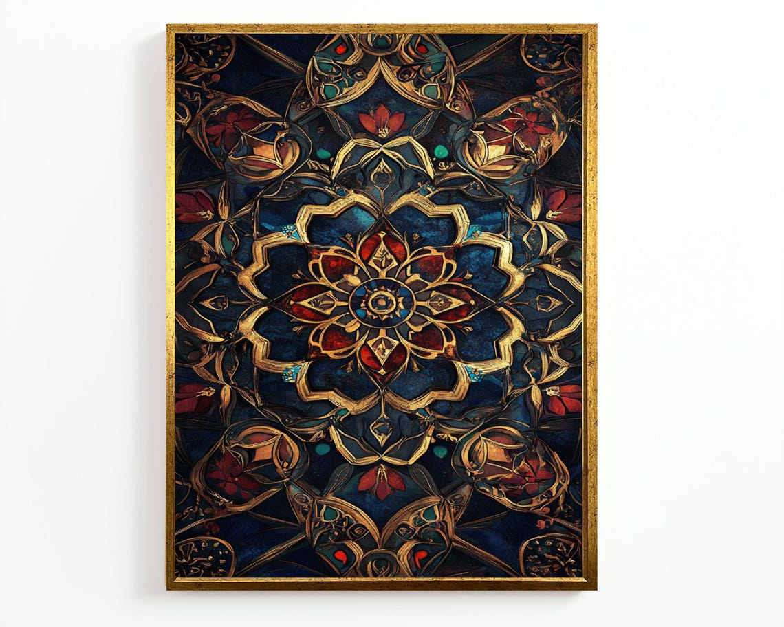Luxury Gold Mandala Ornamental Floral Medallion Dark Navy Wall Art - Image 2