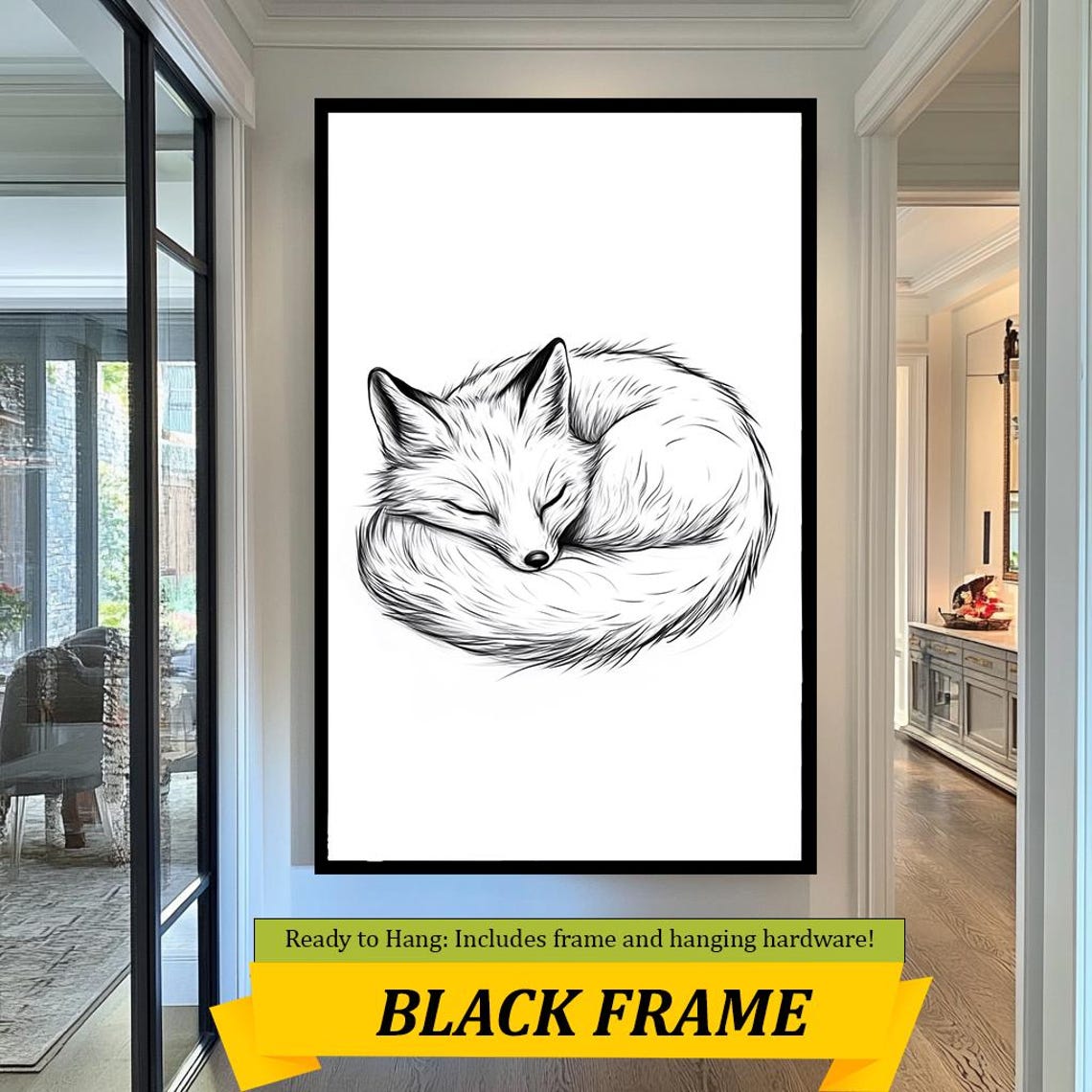 Minimalist Sleeping Fox Curled Circle Ink Sketch Animal Wall Art - Image 3