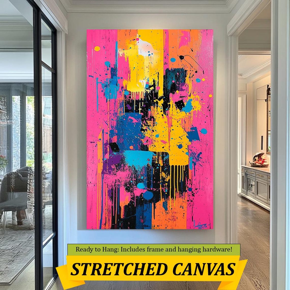 Vibrant Neon Splatter Abstract Pink Yellow Blue Black Painting Art - Image 3