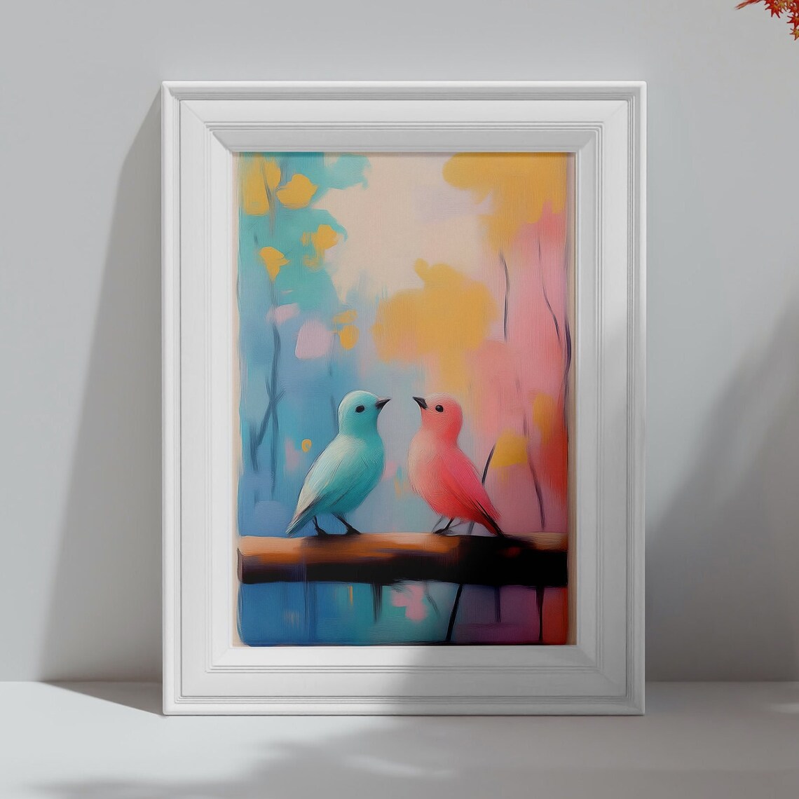 Teal And Pink Birds Facing Each Other Pastel Branch Art Poster - Image 4