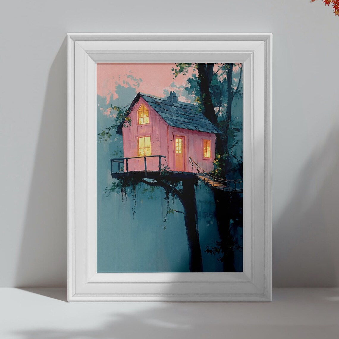 Pink Treehouse in a Misty Forest with Glowing Windows Cozy Art Poster - Image 4