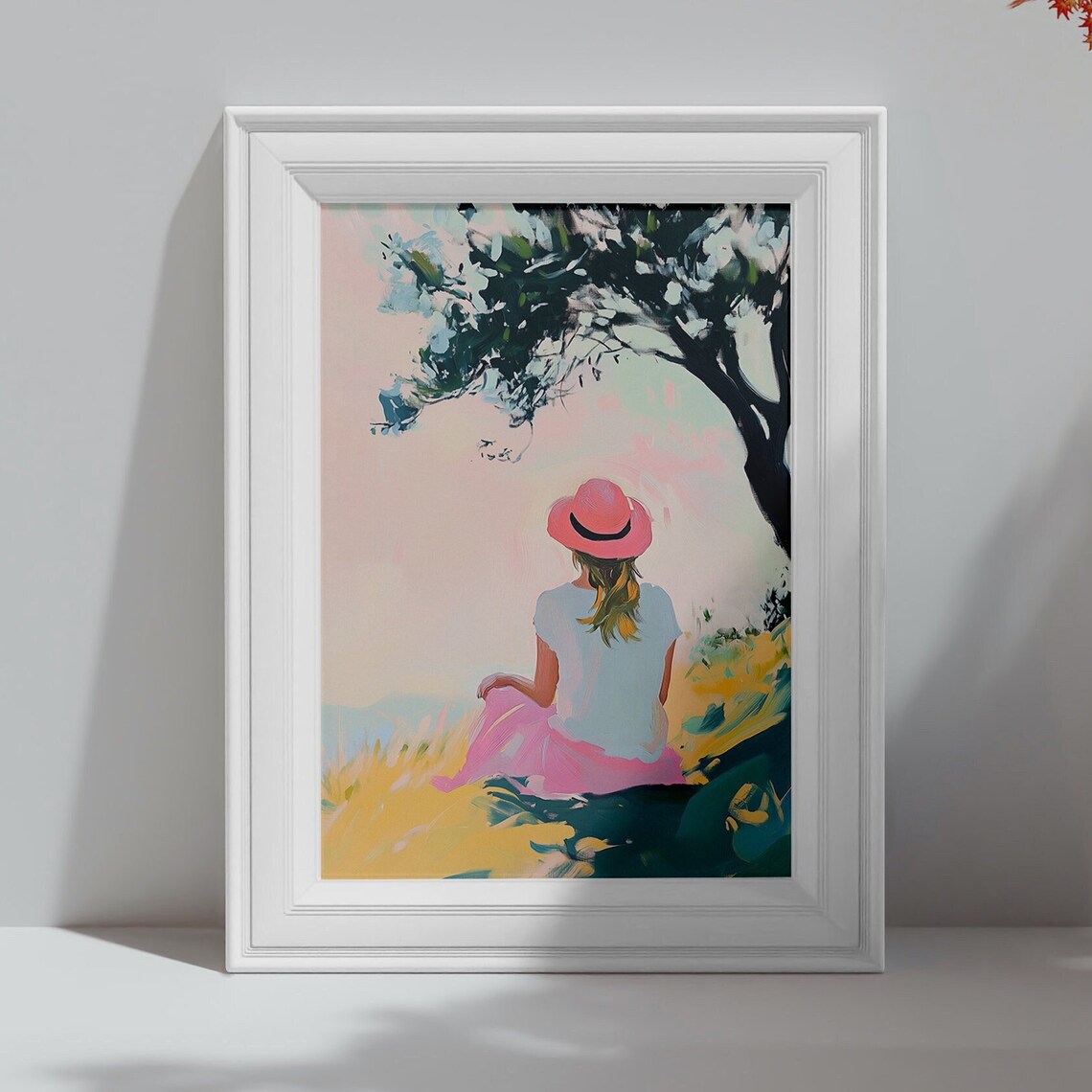 Woman in Pink Hat Resting Under Tree Pastel Solitude Art Poster - Image 4