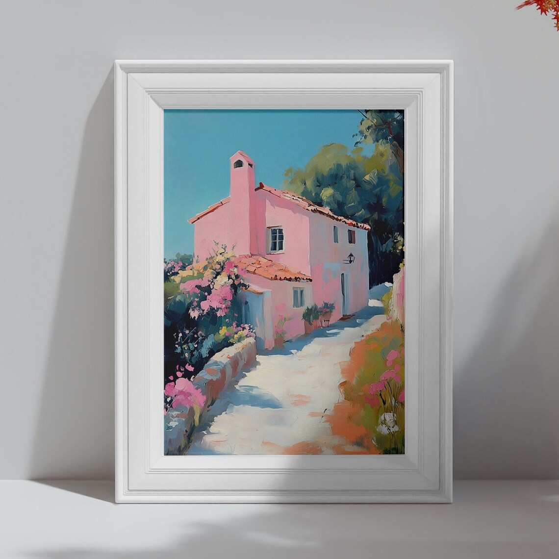Sunny Pink Mediterranean Villa with Terracotta Roof Travel Poster - Image 4