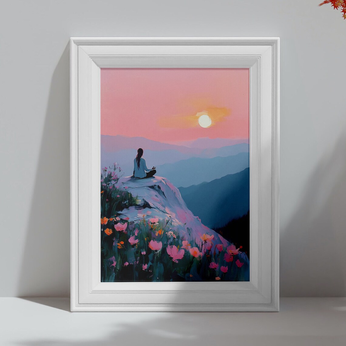 Woman Meditating at Pink Sunrise Mountain View Travel Poster - Image 4