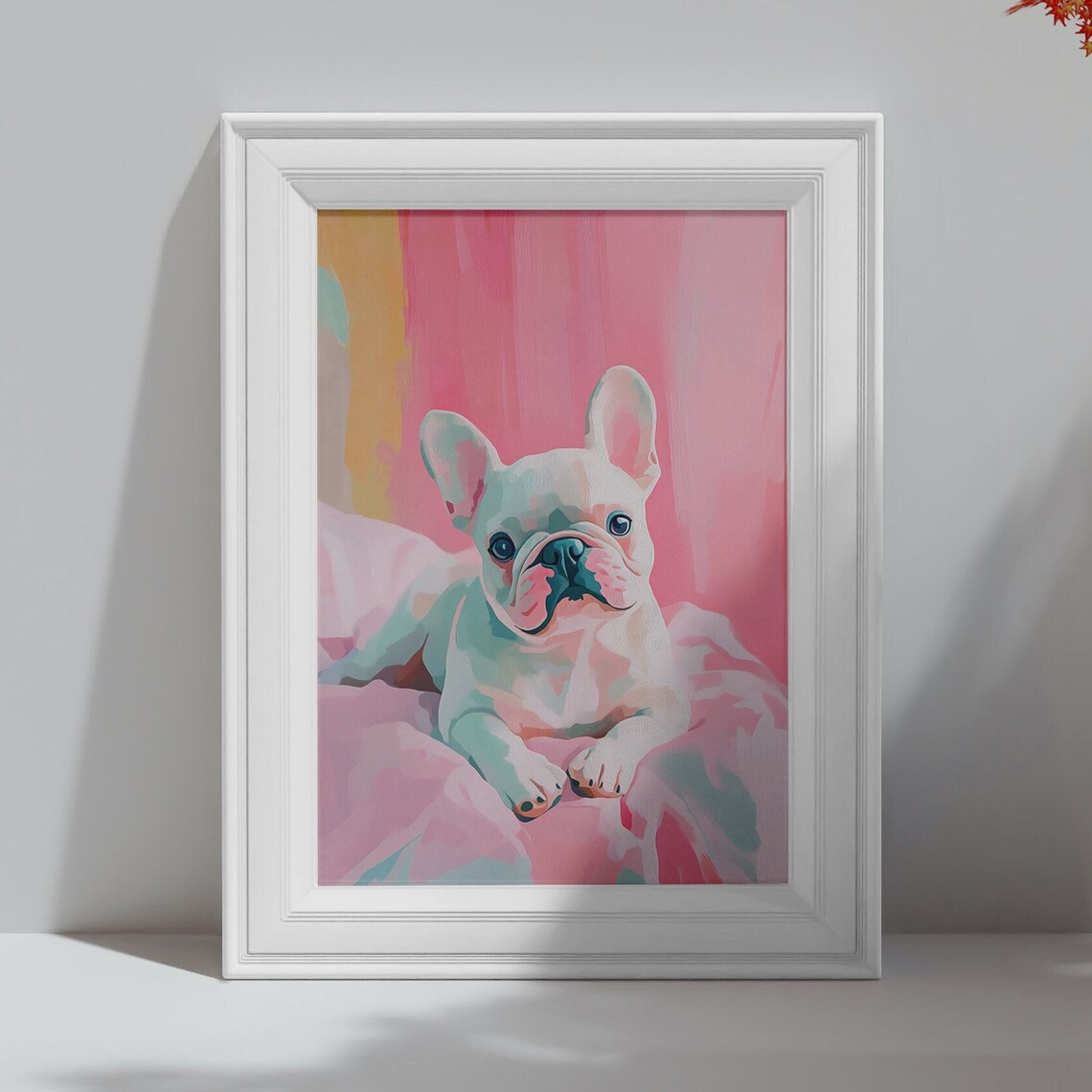 Adorable White French Bulldog Puppy Pastel Pet Portrait Art Poster - Image 4