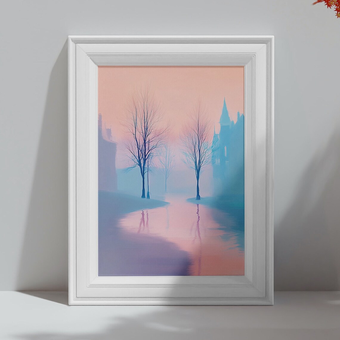 Misty Dawn Bare Trees Reflecting In Pink Lake Pastel Art Poster - Image 4