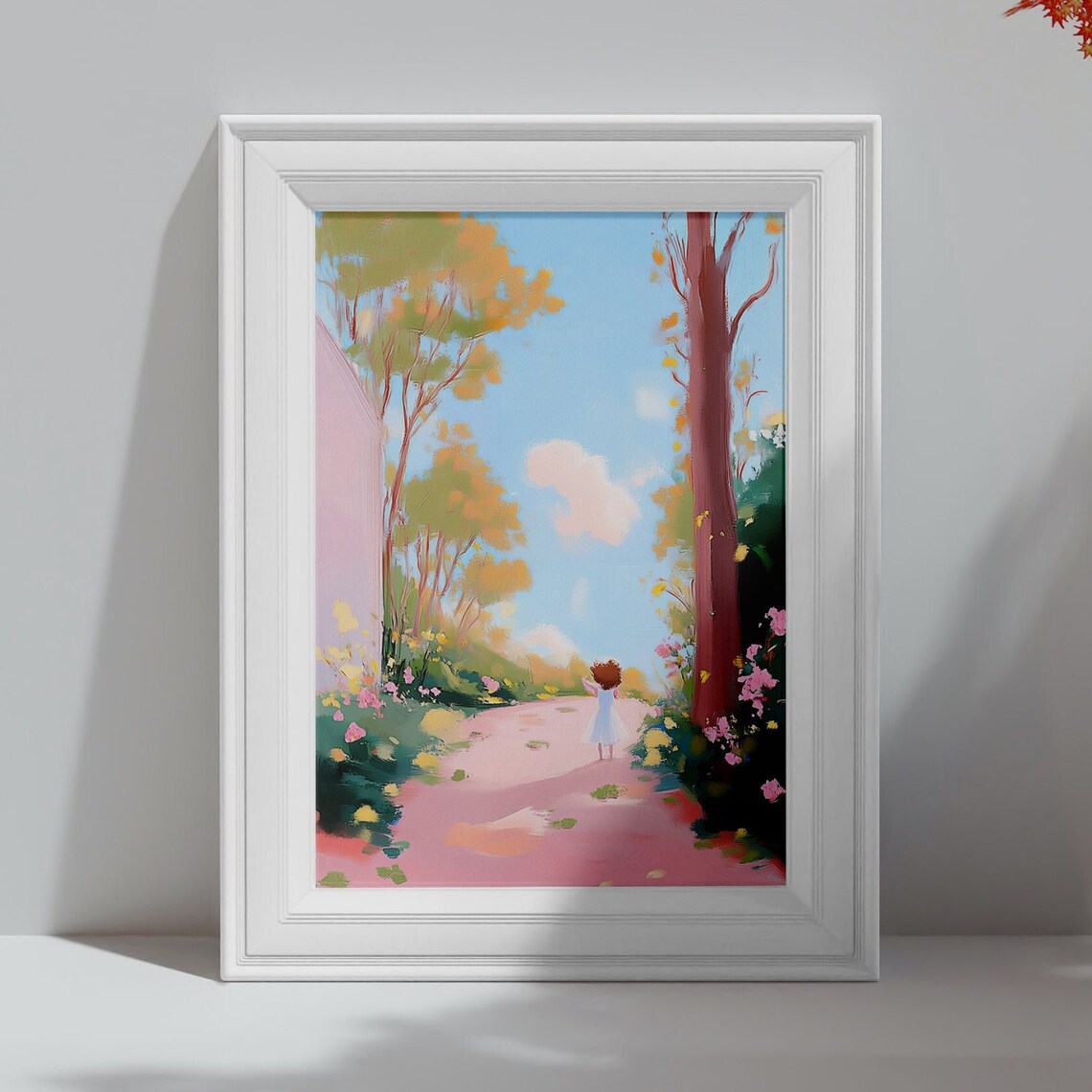 Little Girl Strolling Pink Flower Garden Path Pastel Art Poster - Image 4