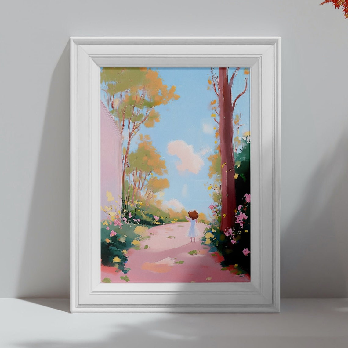 Pastel Solitary Stroll Playful Illustration Garden Artwork Children Playing Art Country Child Art Children Playing Art Artwork Of Girl - Image 4