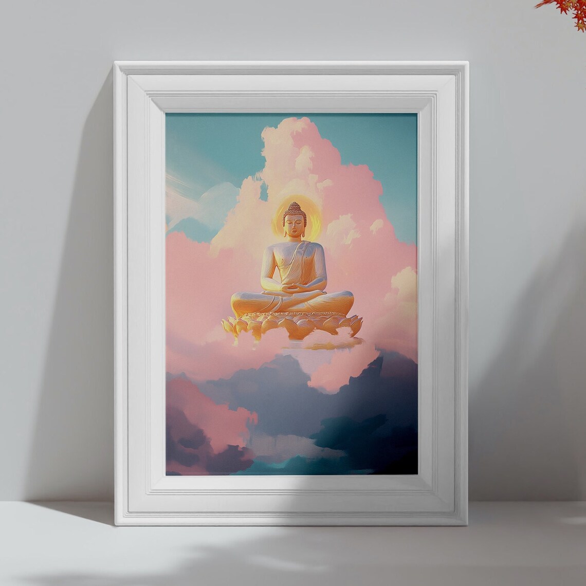 Golden Buddha on Lotus Throne in Pink Clouds Pastel Meditation Wall Poster - Image 4