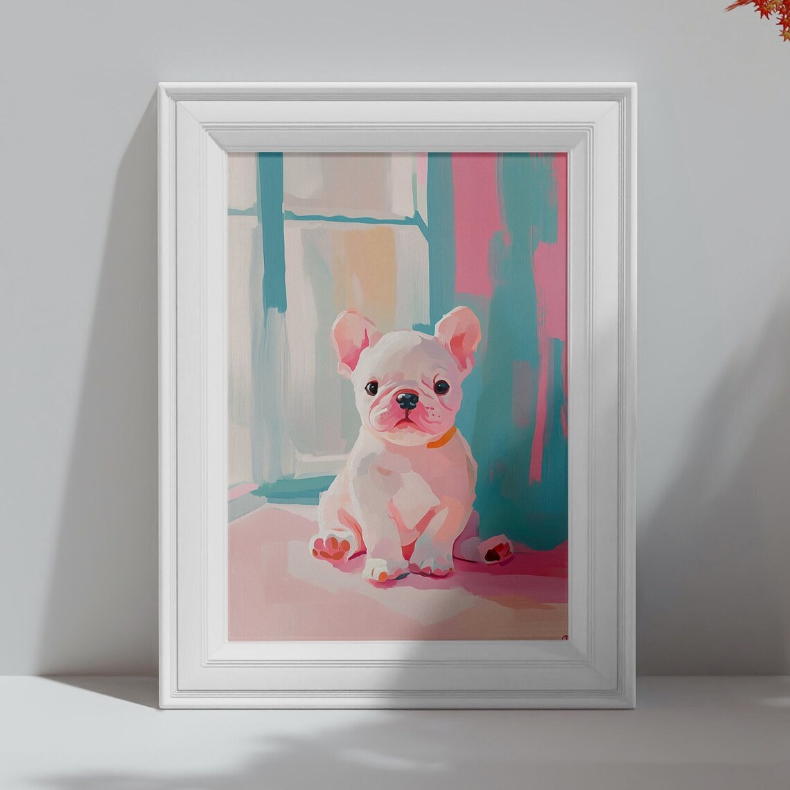 Cute French Bulldog Puppy Sitting by Window Pastel Pet Art Poster - Image 4