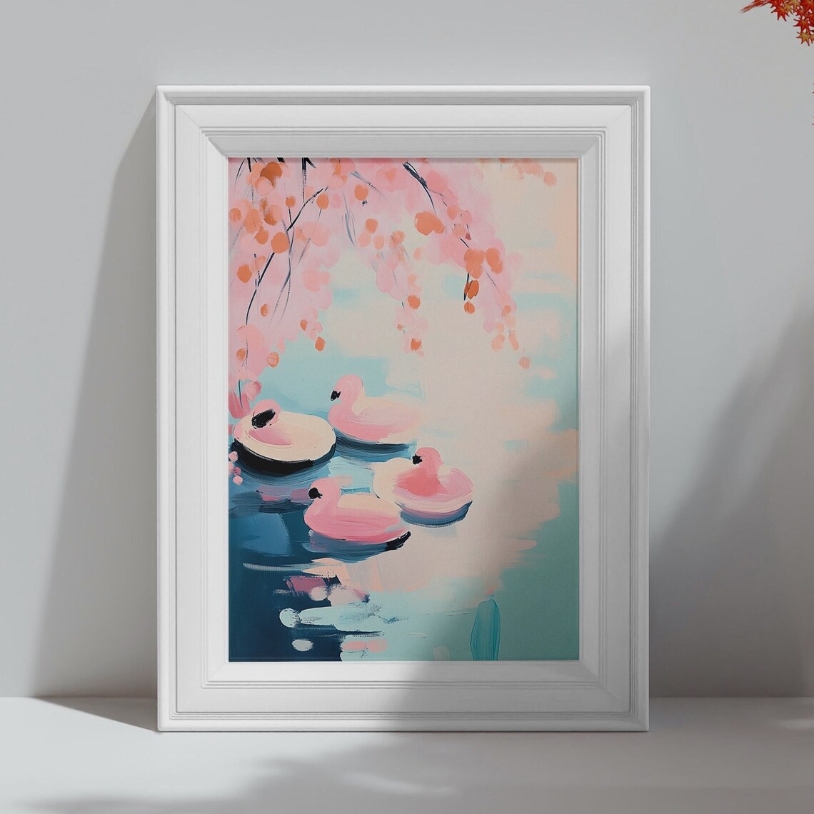 Pink Flamingos Under Cherry Blossoms Pastel Spring Wall Art Print - Image 4