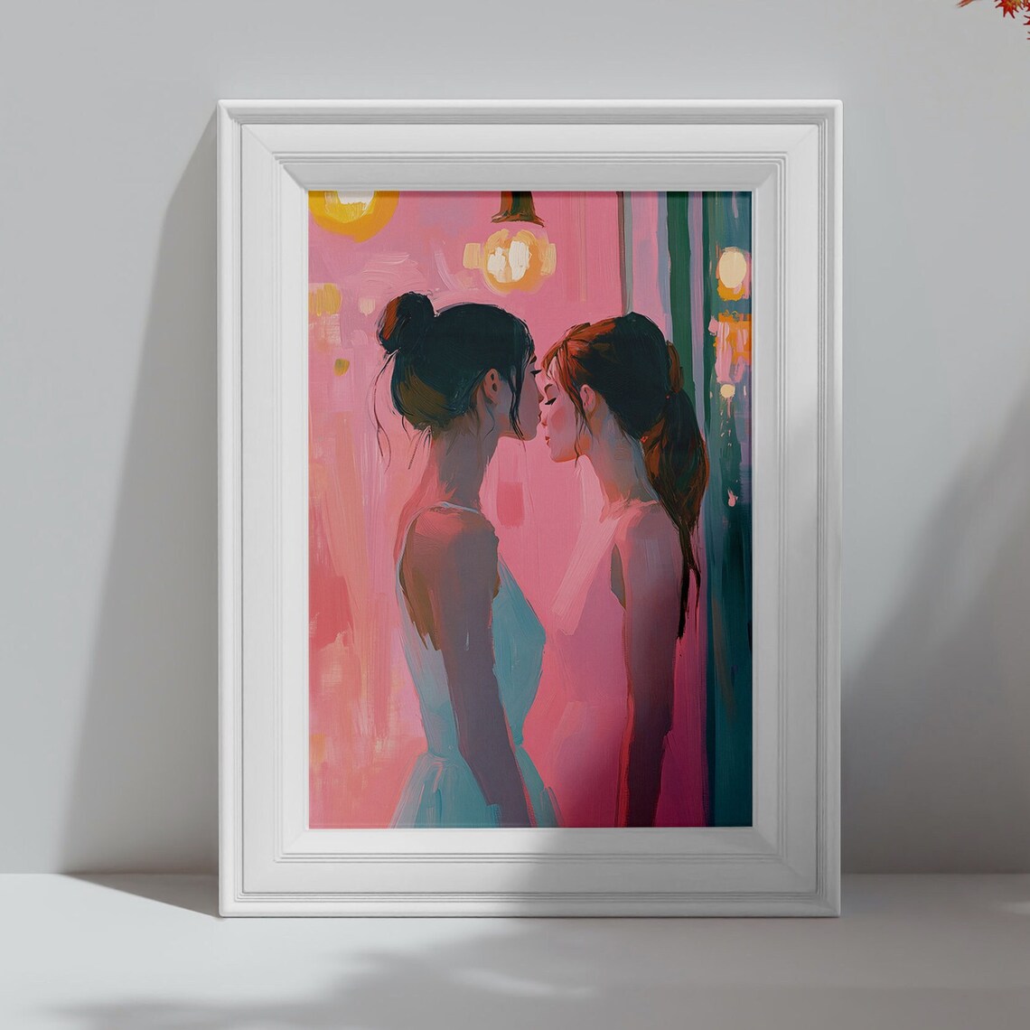 Two Women Kissing Pink Cafe Lights Romantic Pastel Art Print - Image 4
