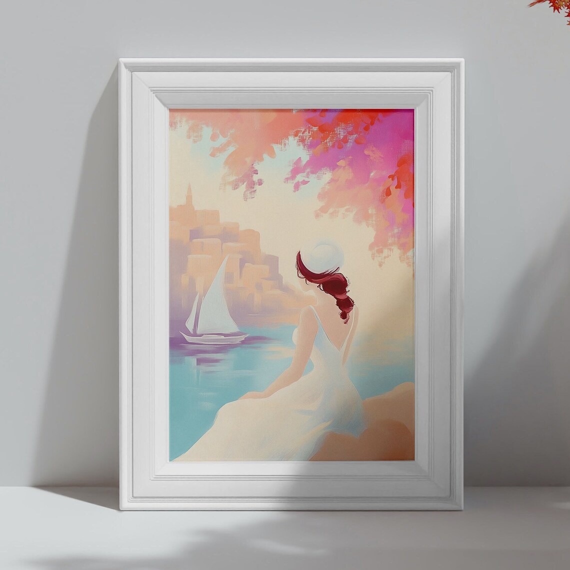 Woman Watching Sailboat at Pink Sunset Coastal Dream Sea Art Poster - Image 4