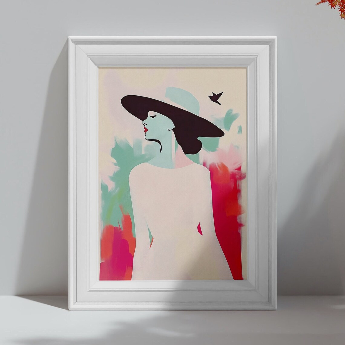 Elegant Minimalist Woman in Wide Black Hat Pastel Fashion Art Poster - Image 4