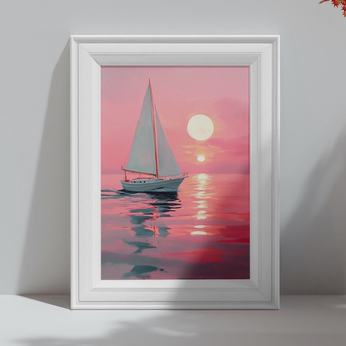 Sailboat on Pink Sunset Ocean Coastal Seascape Wall Art Poster Print - Image 4