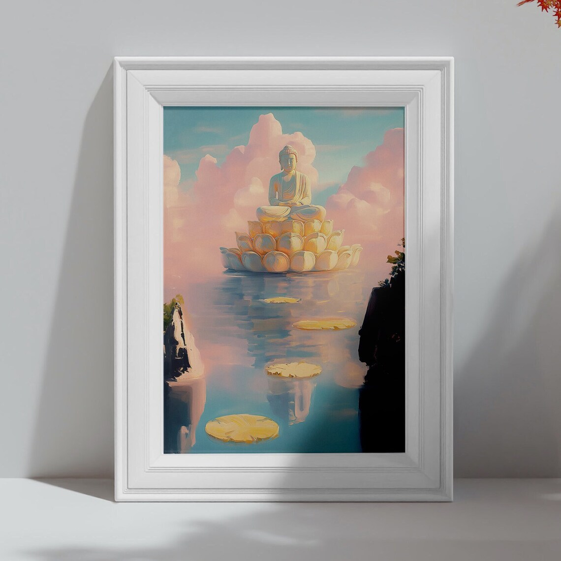 Buddha on Lotus Throne Floating Over Calm Water Pastel Spiritual Poster - Image 4