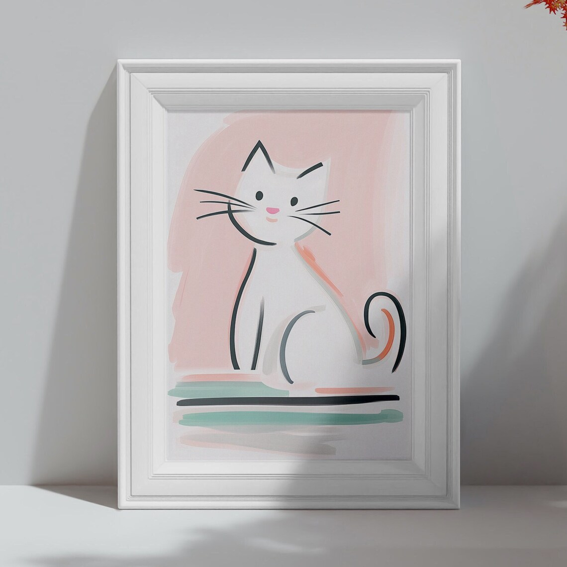 Minimalist White Cat Line Art Cute Pink Kitten Nursery Poster - Image 4