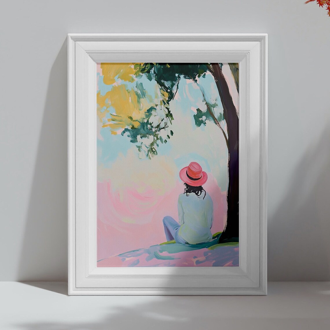 Woman Watching Pink Sunset Under Tree Pastel Solitude Art Poster - Image 4