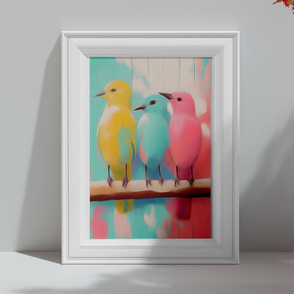 Three Pastel Birds Yellow Teal Pink Perched On Branch Art Poster - Image 4