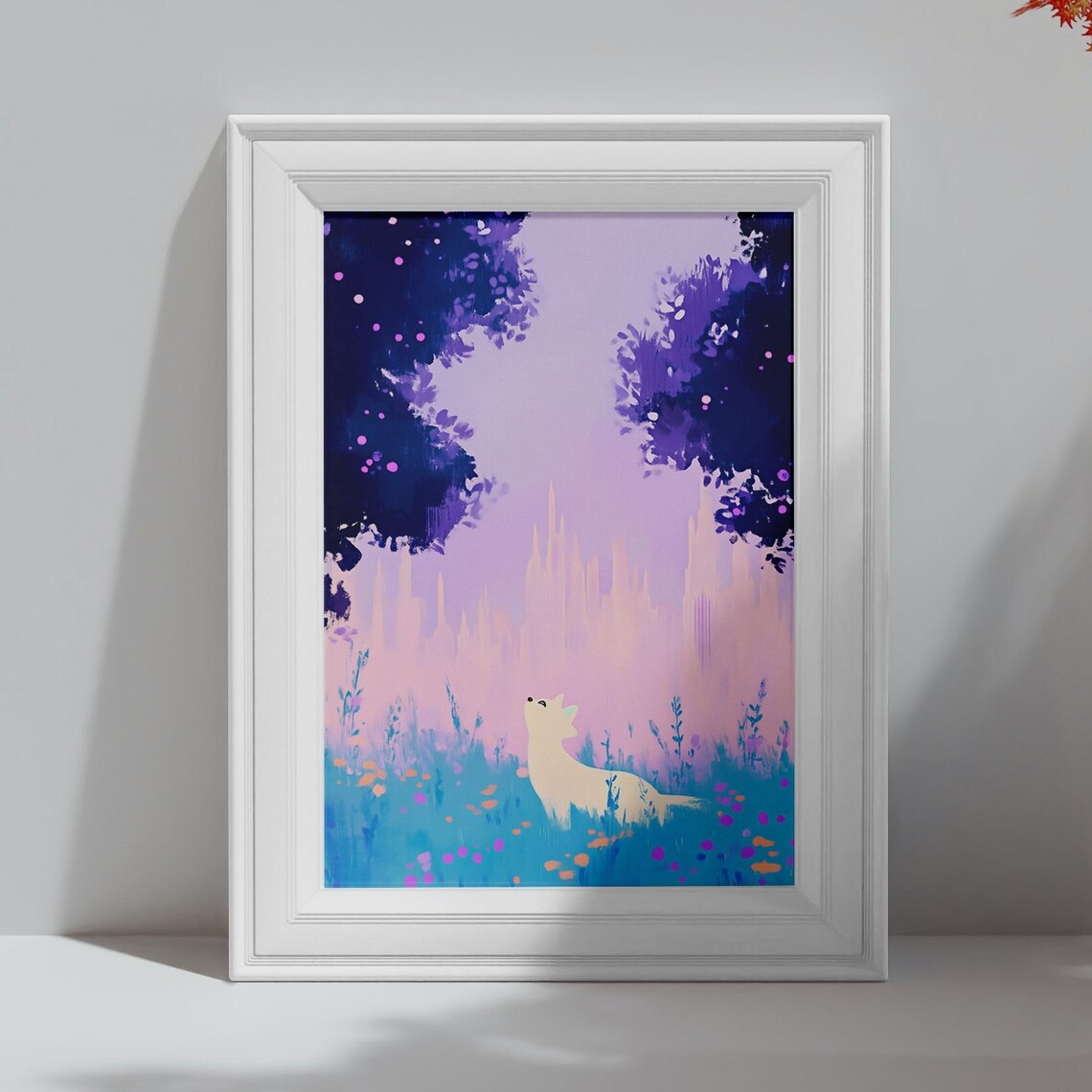White Fox in a Dreamy Pastel Meadow Under Blossom Trees Night Art Print - Image 4