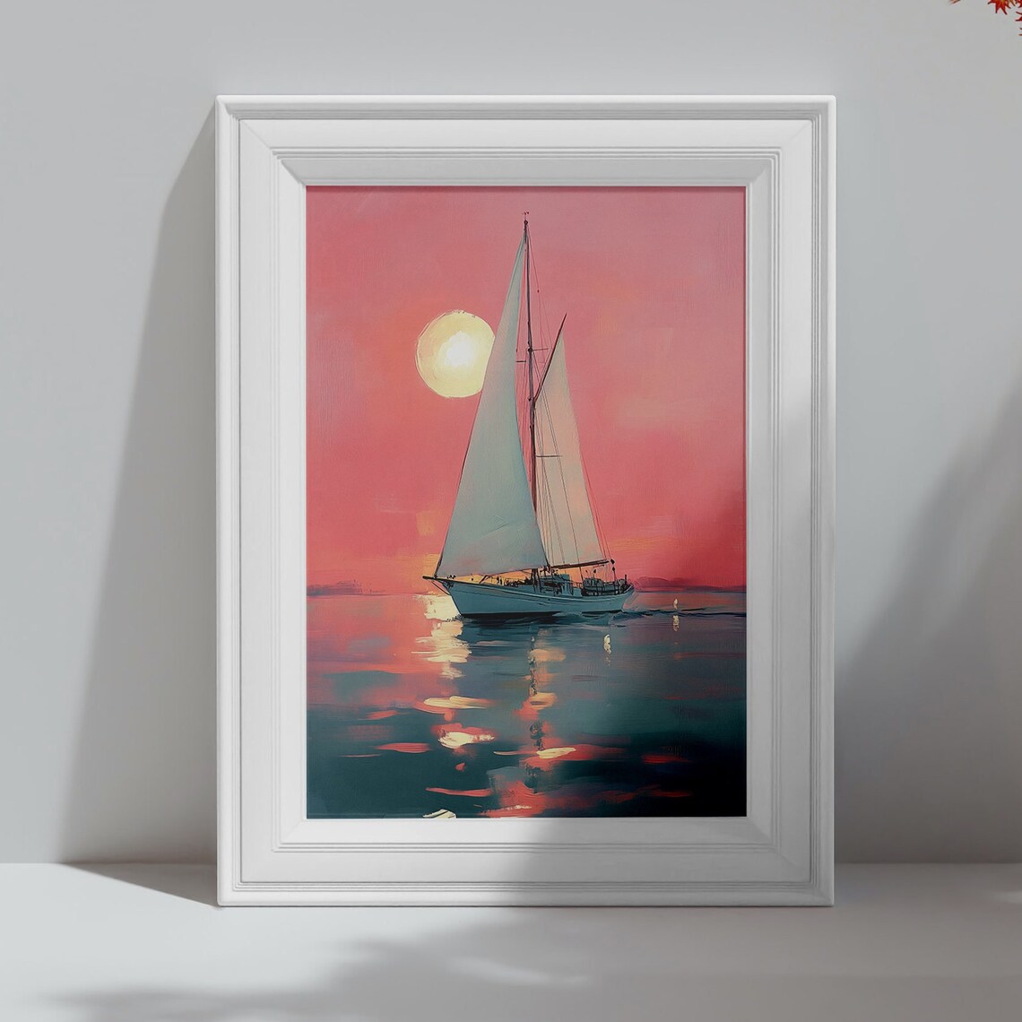 Sailboat Gliding on a Pink Sunset Sea Nautical Coastal Wall Art Poster - Image 4