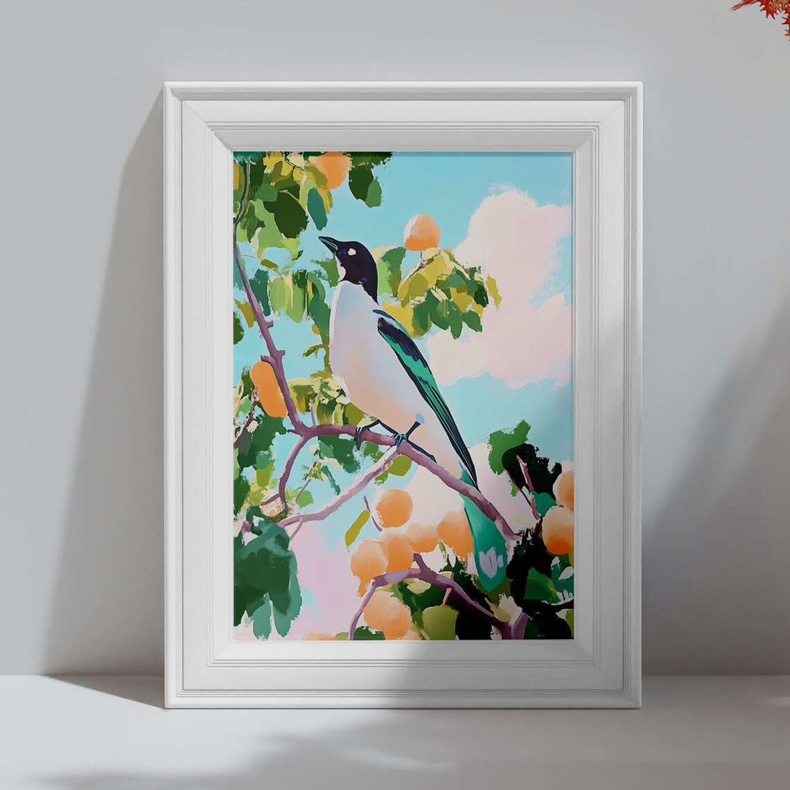 Colorful Magpie on Blossom Branch Pastel Bird Painting Art Poster - Image 4