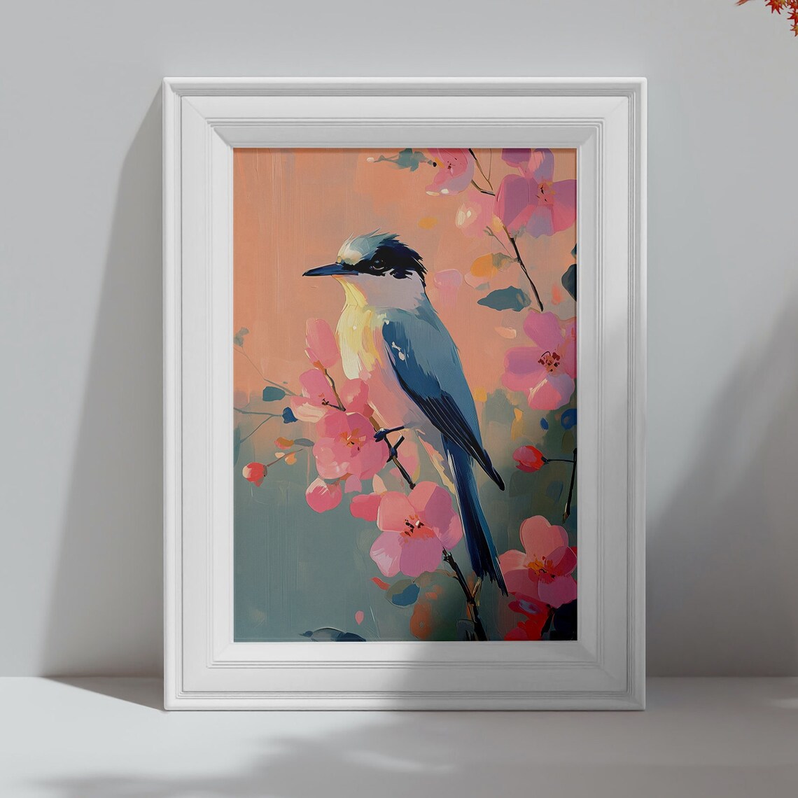 Azure Blue Bird on Pink Cherry Blossom Branch Pastel Spring Art Poster - Image 4