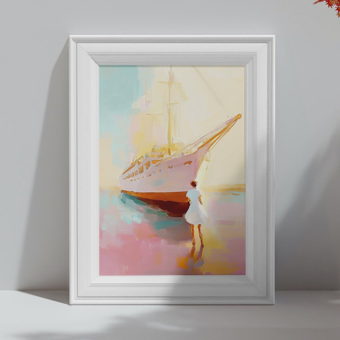 Tall Sailing Ship with Woman on the Beach Maritime Sunset Art Poster Print - Image 4