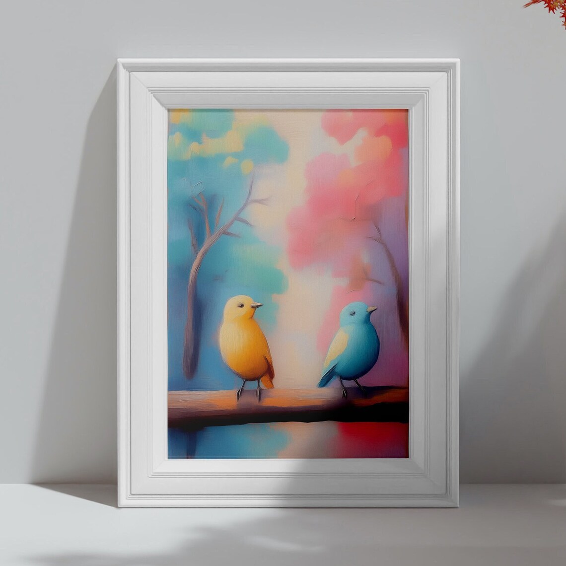 Two Colorful Birds on a Branch Yellow and Blue Pastel Wall Art Poster - Image 4