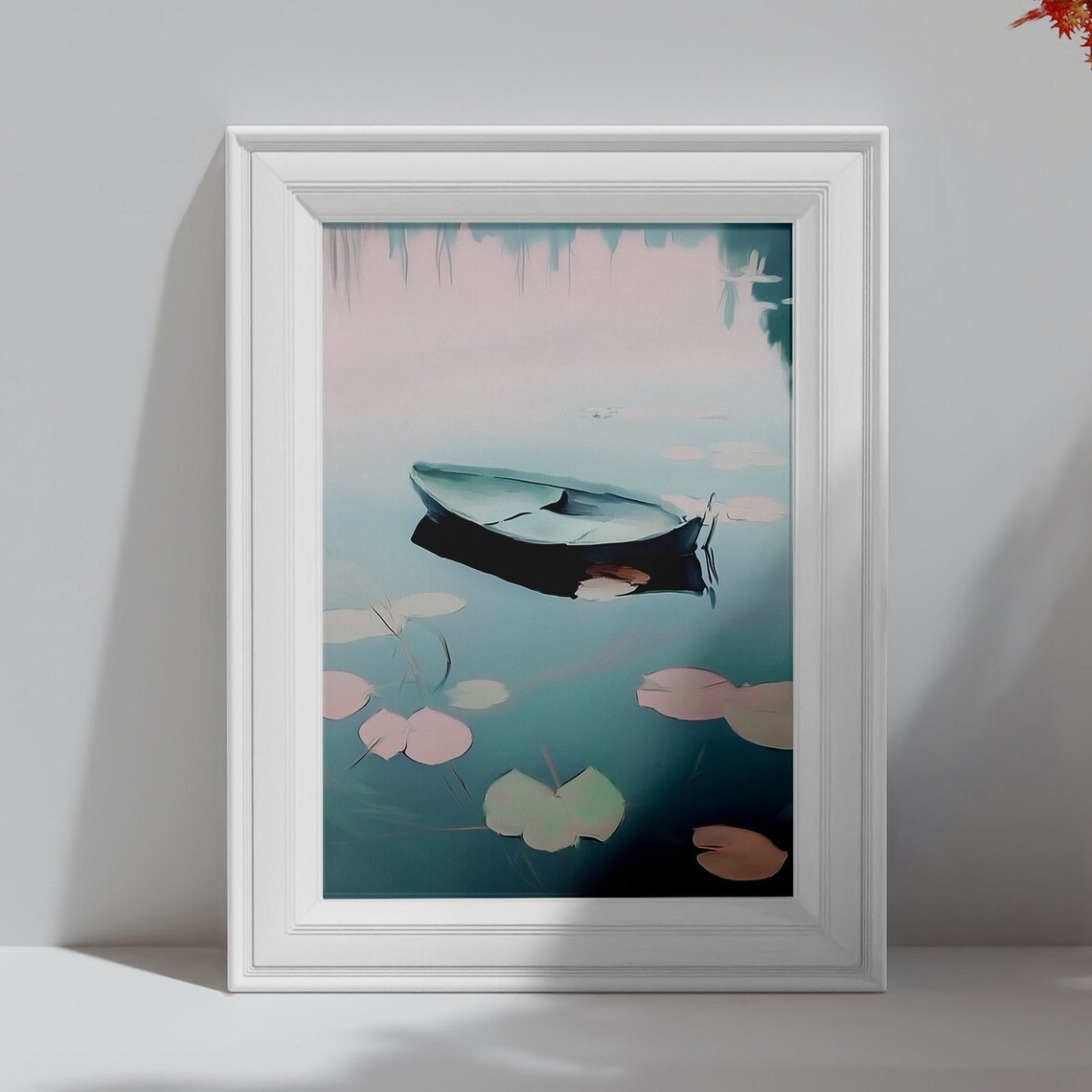 Misty Lake Rowboat Pink Lily Pads Tranquil Morning Wall Art Print - Image 4