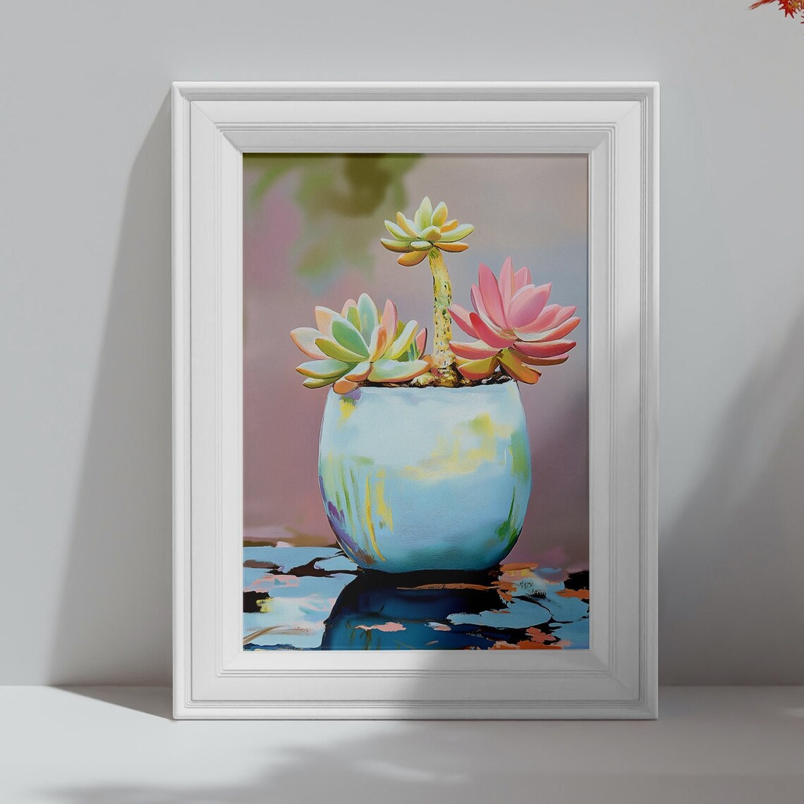 Pastel Succulent Arrangement Light Blue Pot Colorful Botanical Print - Image 4