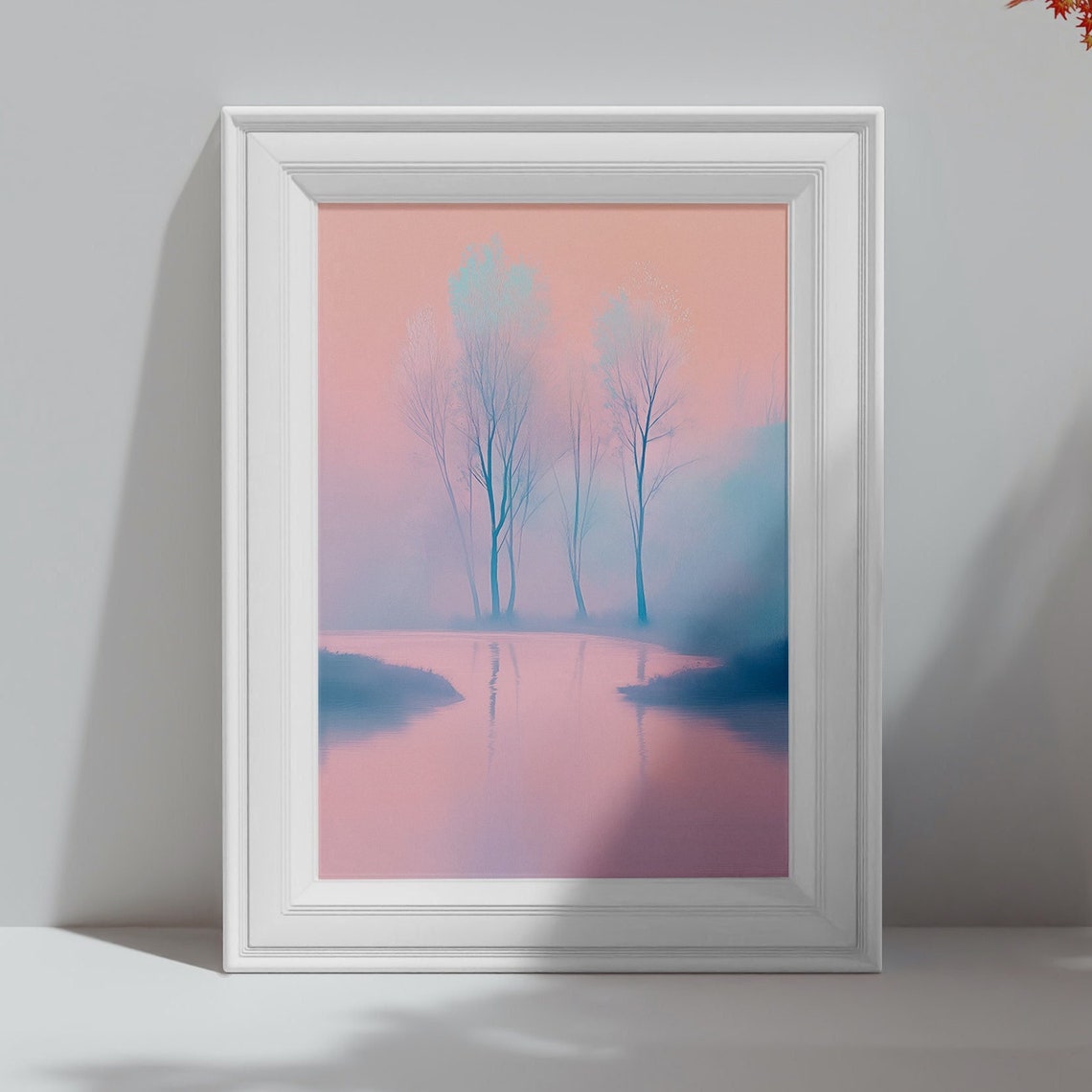 Misty Waters Calm Trees On A Lake Art Water Reflection Calming Artwork Nature Scene Artwork Peaceful Artwork Tranquil Landscape - Image 4